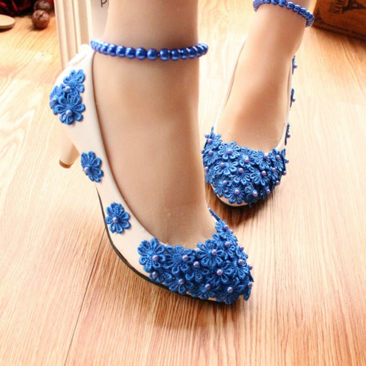 Women's Fashion Blue Pearl Anklet Wedding Shoes 3cm Heel