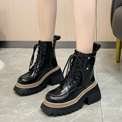 Women's Fashion Casual Soft Leather Platform Boots Black Single Liner