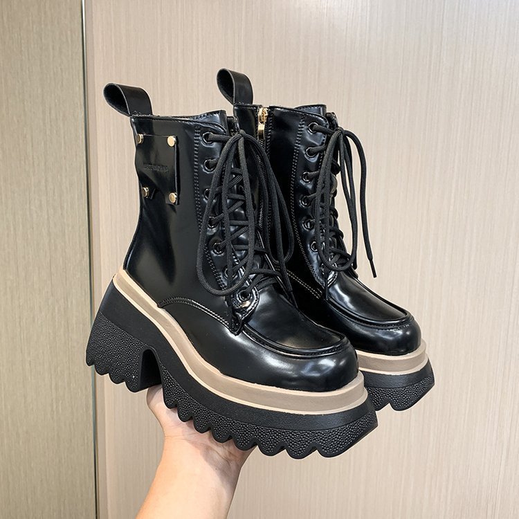Women's Fashion Casual Soft Leather Platform Boots Black Single Liner