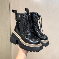 Women's Fashion Casual Soft Leather Platform Boots Black Single Liner
