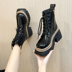 Women's Fashion Casual Soft Leather Platform Boots Black Single Liner
