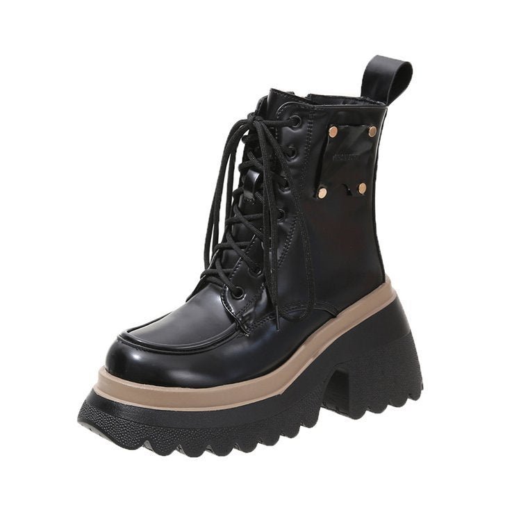 Women's Fashion Casual Soft Leather Platform Boots Black Single Liner