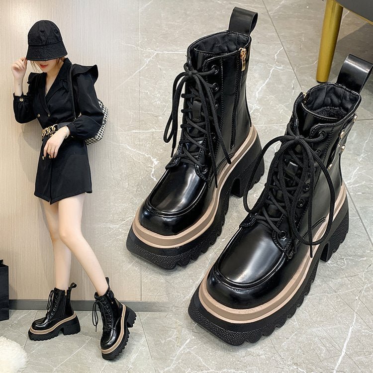 Women's Fashion Casual Soft Leather Platform Boots Black Single Liner