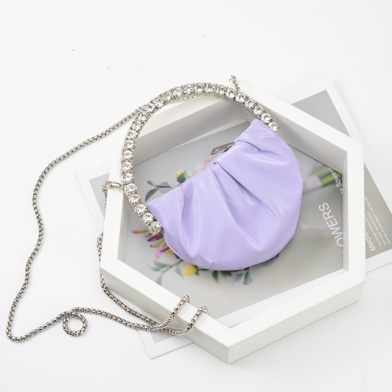 Women's Fashion Personality Diamond Clutch Taro Purple Satin Alloy Type