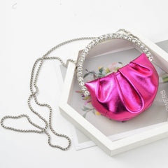 Women's Fashion Personality Diamond Clutch Fluorescent Rose Pink Alloy