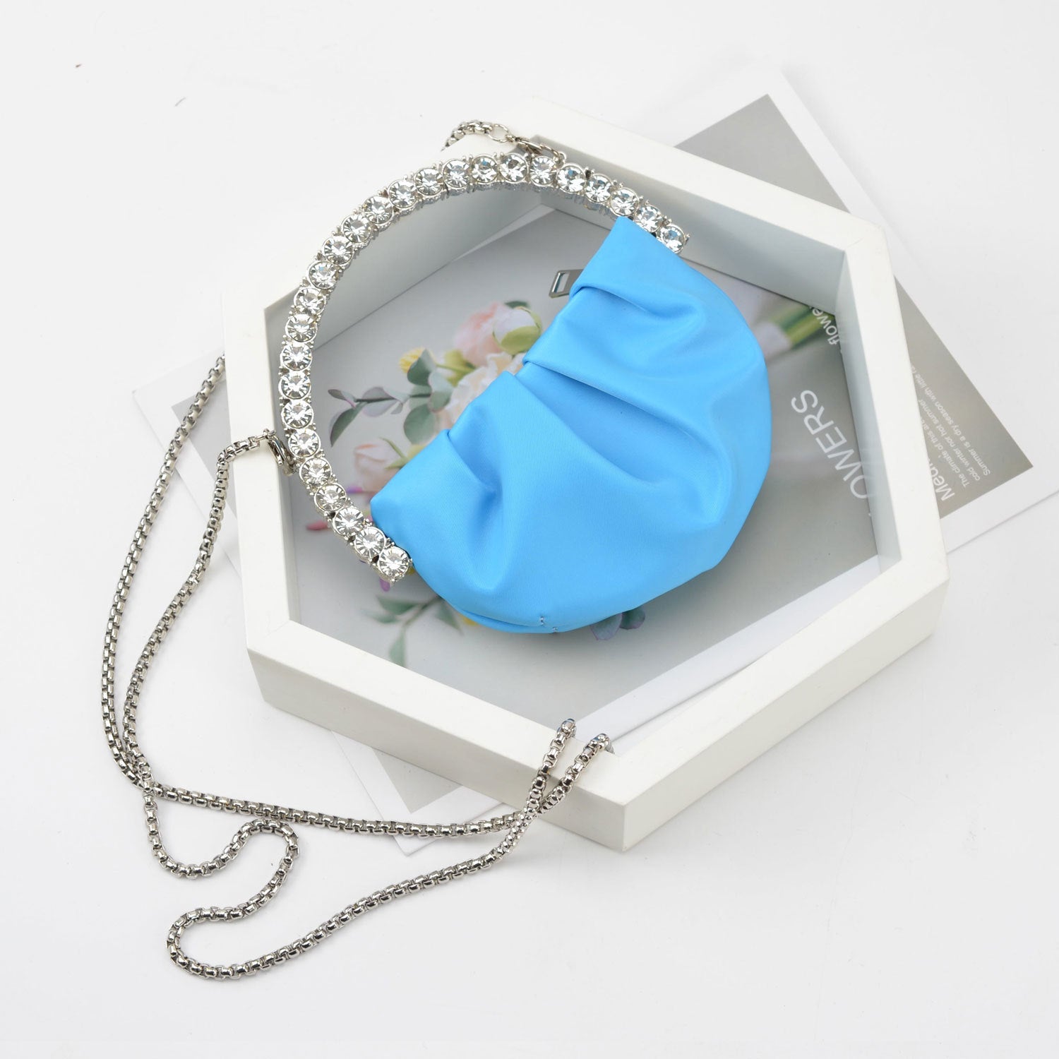 Women's Fashion Personality Diamond Clutch Fluorescent Blue Satin Alloy