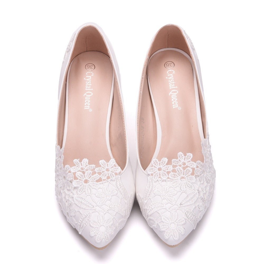 Women's Fashion Simple Lace Flower Wedding Shoes White