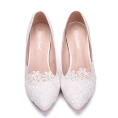 Women's Fashion Simple Lace Flower Wedding Shoes White