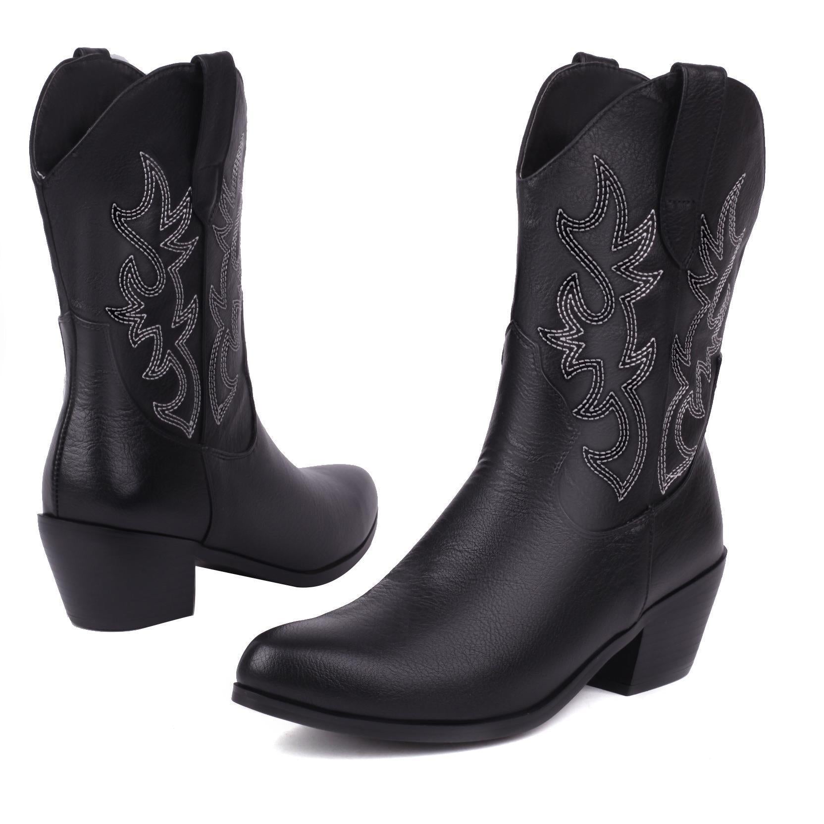Women's Fashionable Simple Thick Mid Heel Sleeve Embroidered Ankle Boots Beige