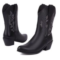 Women's Fashionable Simple Thick Mid Heel Sleeve Embroidered Ankle Boots Beige