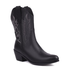 Women's Fashionable Simple Thick Mid Heel Sleeve Embroidered Ankle Boots Black