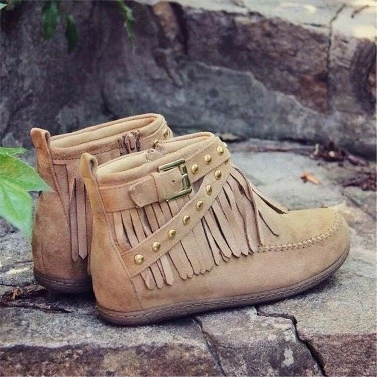 Women's Flat Buckle Martin Boots Retro Khaki