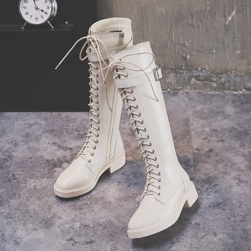 Women's High Flat Long Boots Offwhite plus velvet
