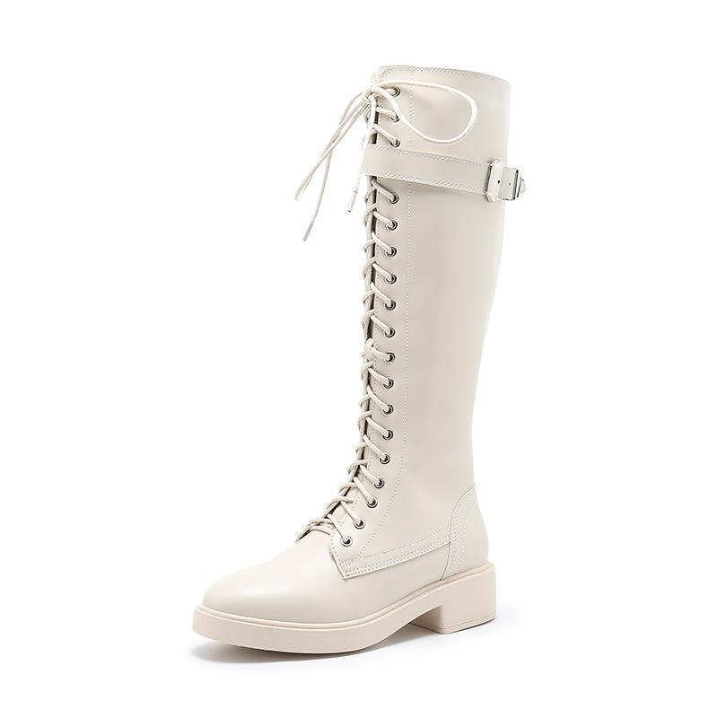 Women's High Flat Long Boots Offwhite plus velvet