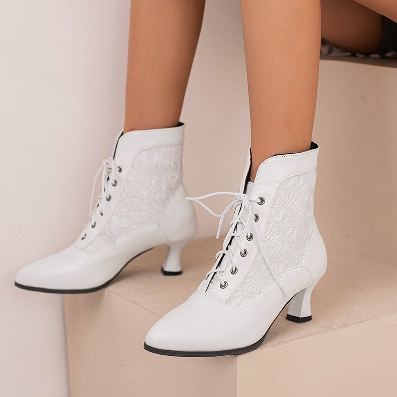 Women's Kitten Heel Booties – Autumn & Winter Lace - Up Hollow - Out Design White