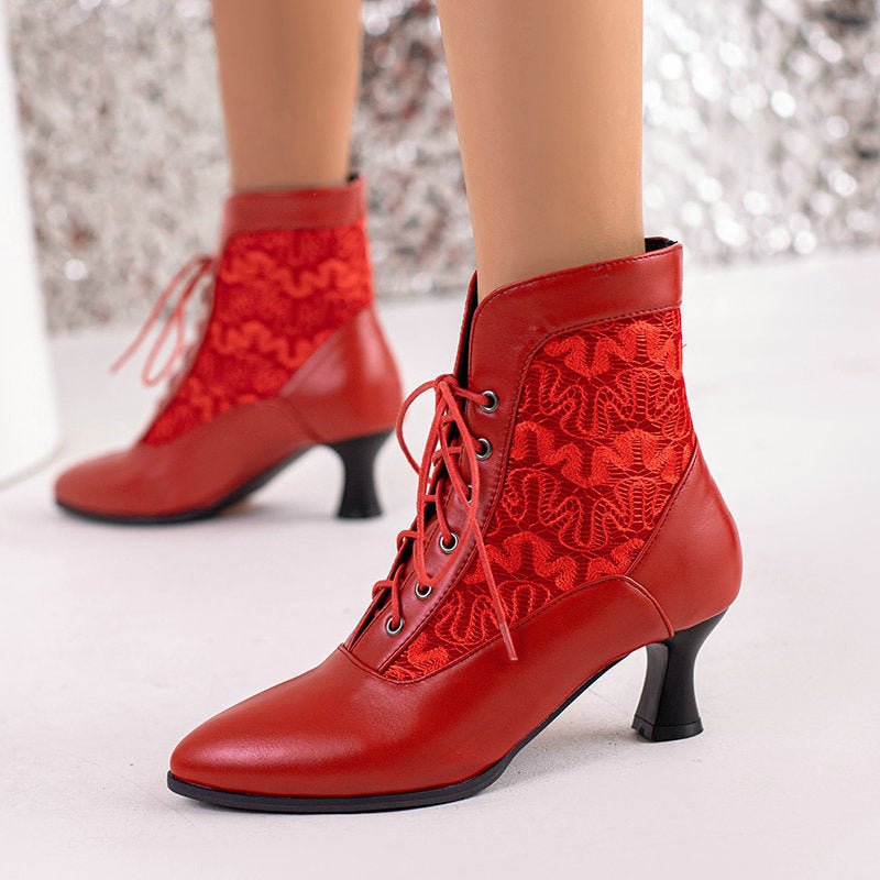 Women's Kitten Heel Booties – Autumn & Winter Lace - Up Hollow - Out Design Red