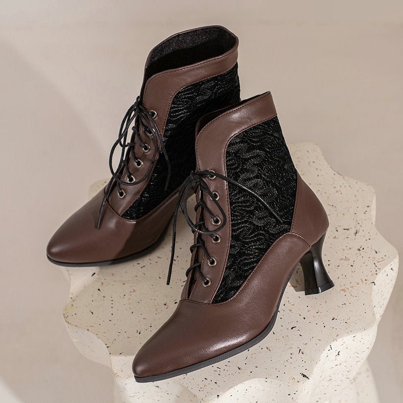 Women's Kitten Heel Booties – Autumn & Winter Lace - Up Hollow - Out Design Brown