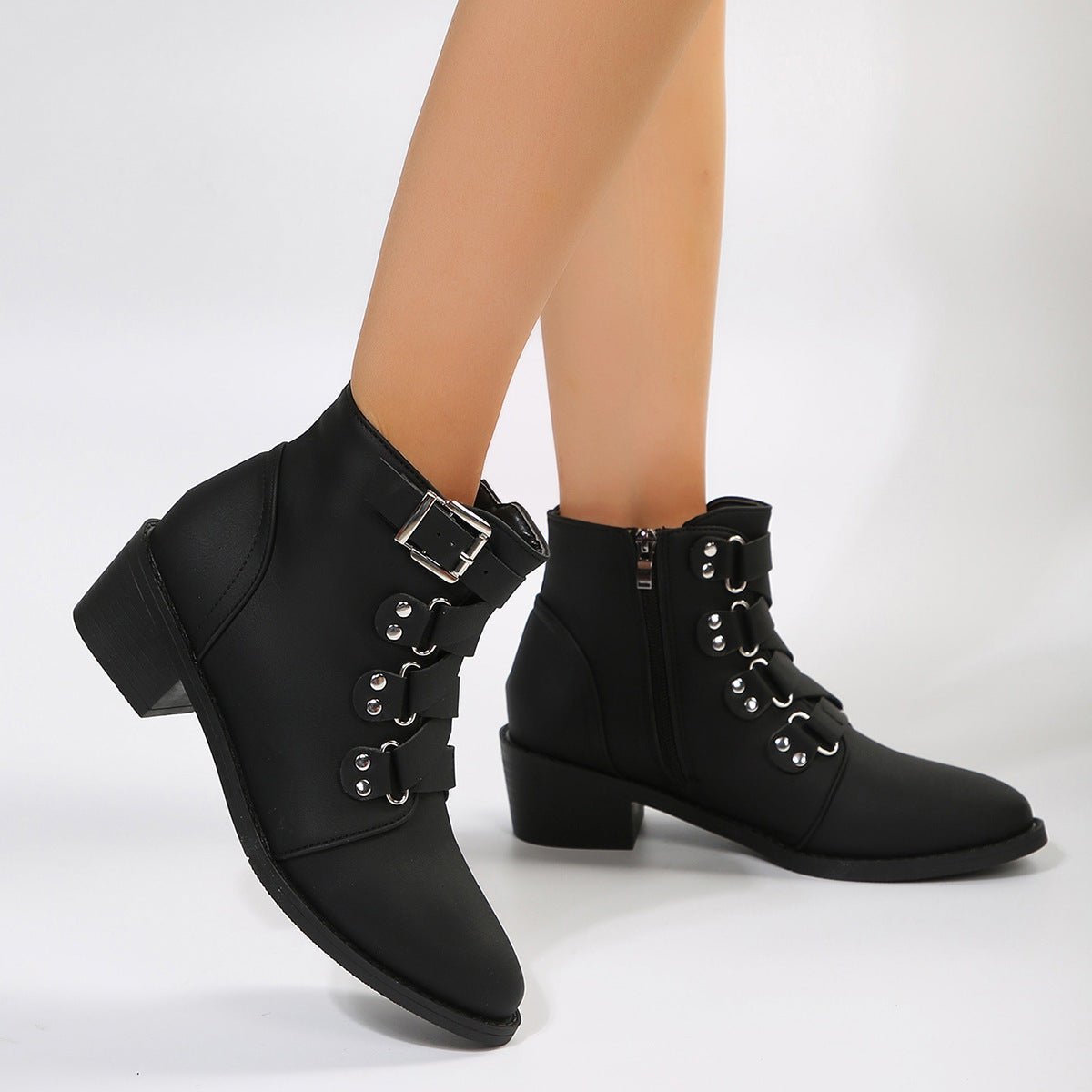 Women's Knight Ankle Boots with Side Zipper, Belt Buckle, and Square Heel Coffee