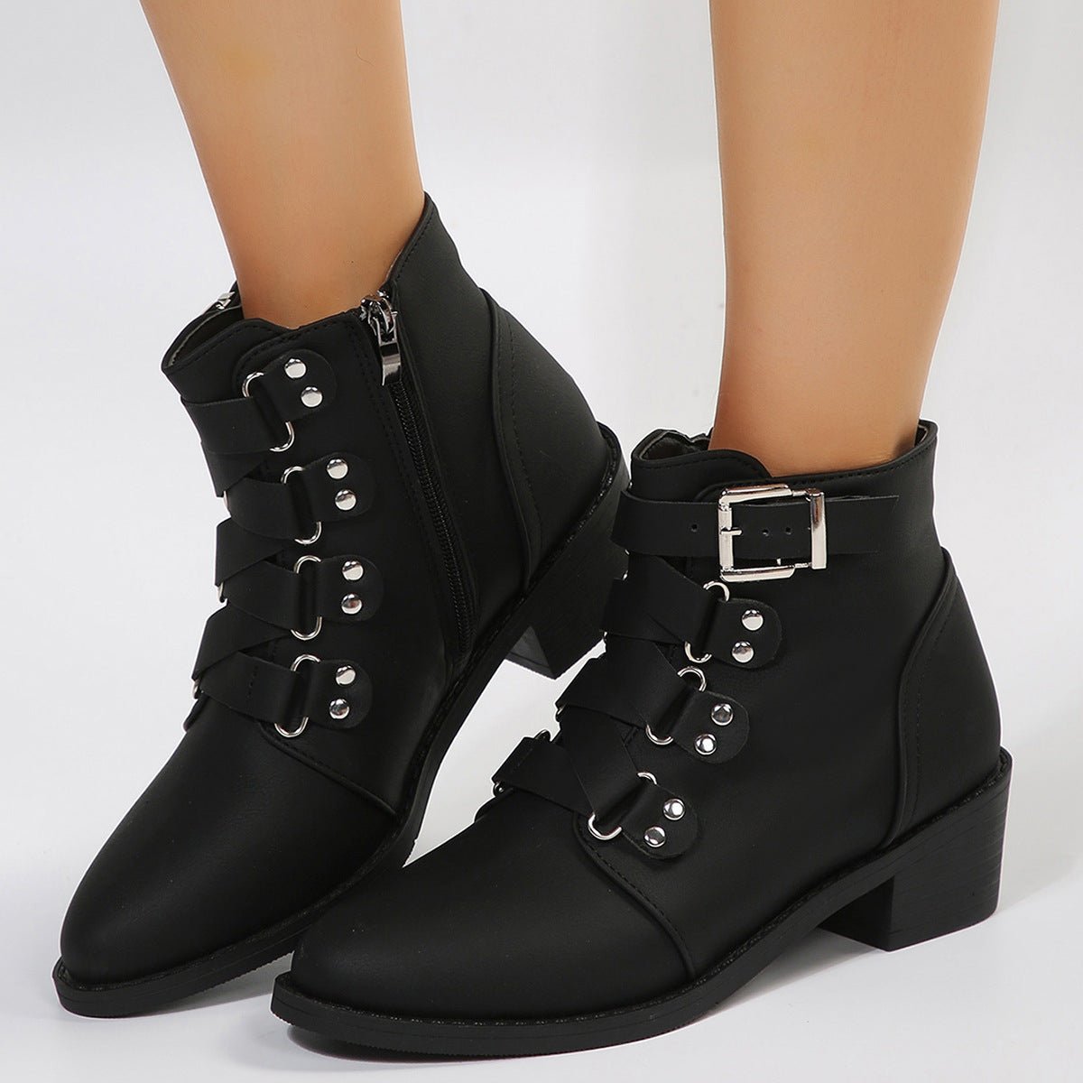 Women's Knight Ankle Boots with Side Zipper, Belt Buckle, and Square Heel Black