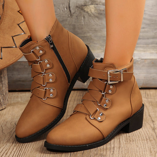 Women's Knight Ankle Boots with Side Zipper, Belt Buckle, and Square Heel Coffee