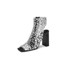 Women's Large Size Rhinestone Hollow Summer High Heel Sandal Boots Black