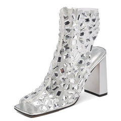 Women's Large Size Rhinestone Hollow Summer High Heel Sandal Boots Silver