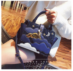 Women's Leather Clutch - Embroidered Handbag & Shoulder Bag Blue