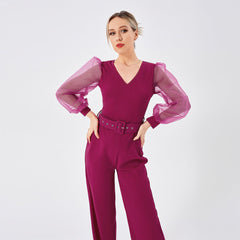 Women's Long Sleeve Patchwork Jumpsuit Rose