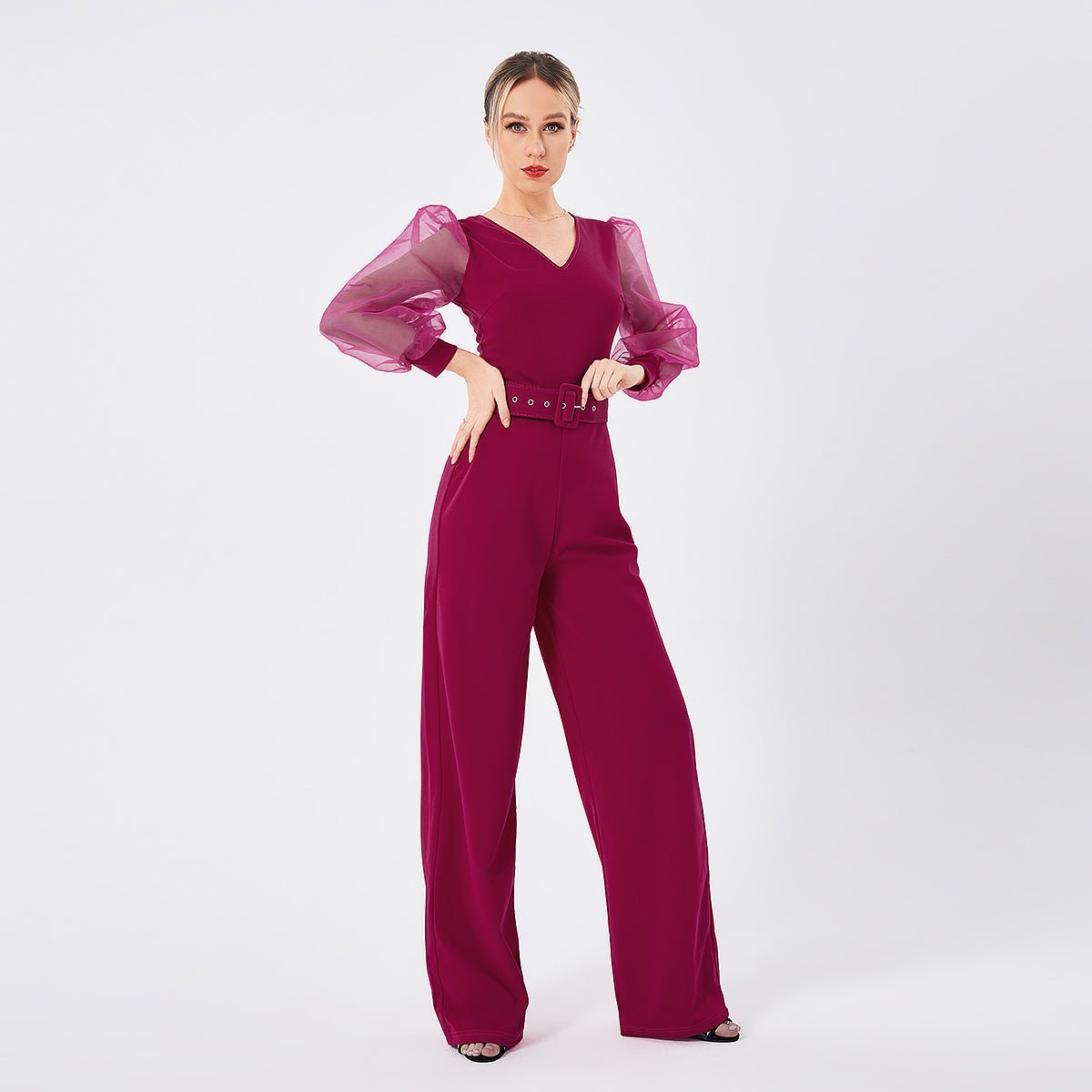 Women's Long Sleeve Patchwork Jumpsuit Rose
