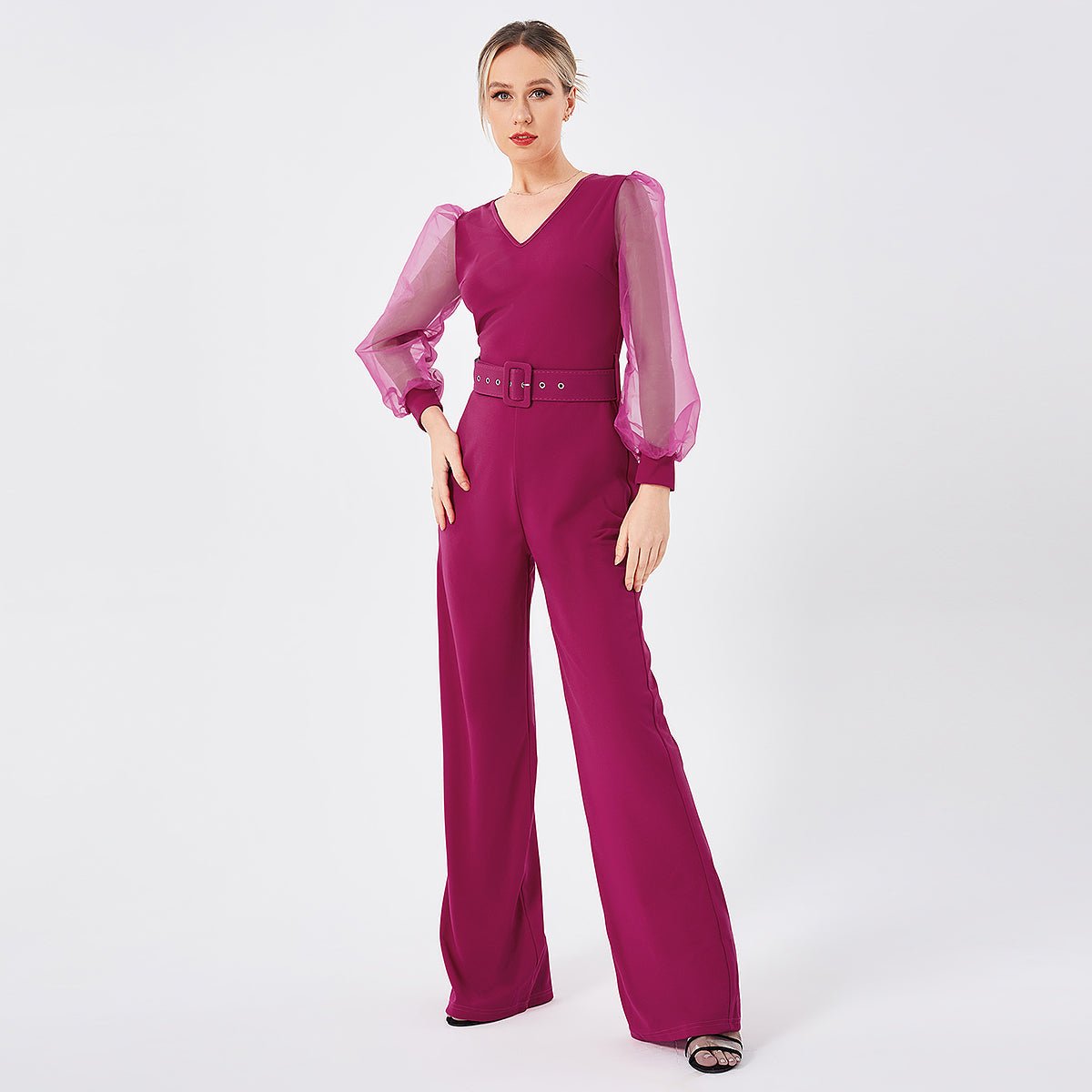 Women's Long Sleeve Patchwork Jumpsuit Rose