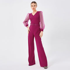 Women's Long Sleeve Patchwork Jumpsuit Rose