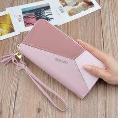 Women's long zipper tassel stitching clutch Pink