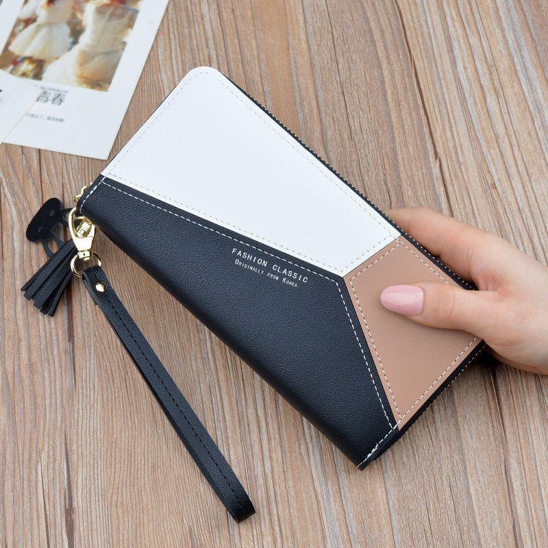 Women's long zipper tassel stitching clutch Black