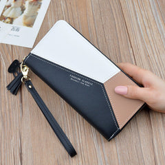 Women's long zipper tassel stitching clutch Black