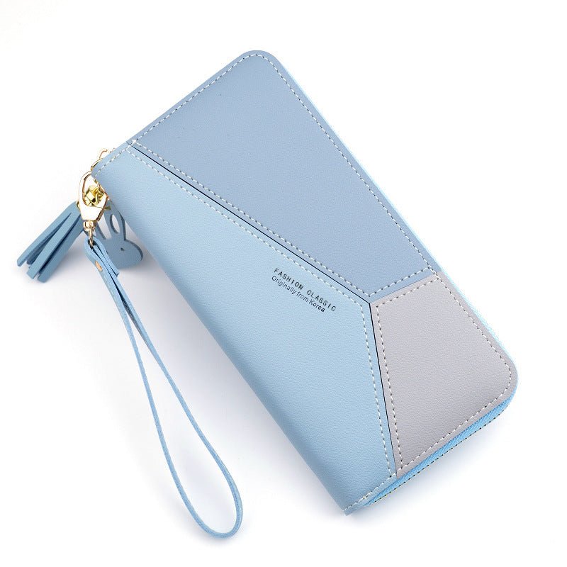 Women's long zipper tassel stitching clutch Blue