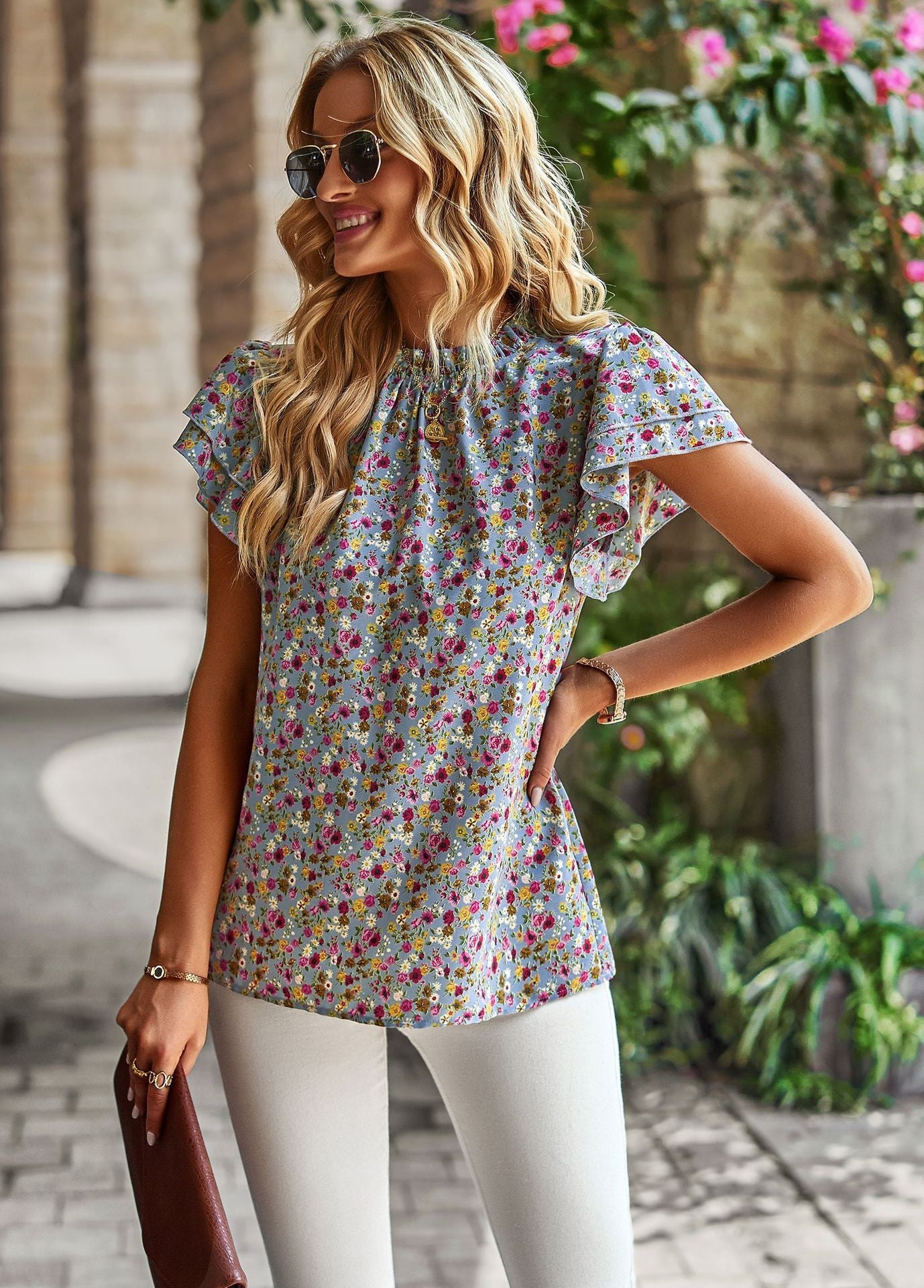 Women's Loose Casual Top Floral Round Neck Shirt Gray
