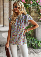 Women's Loose Casual Top Floral Round Neck Shirt Gray