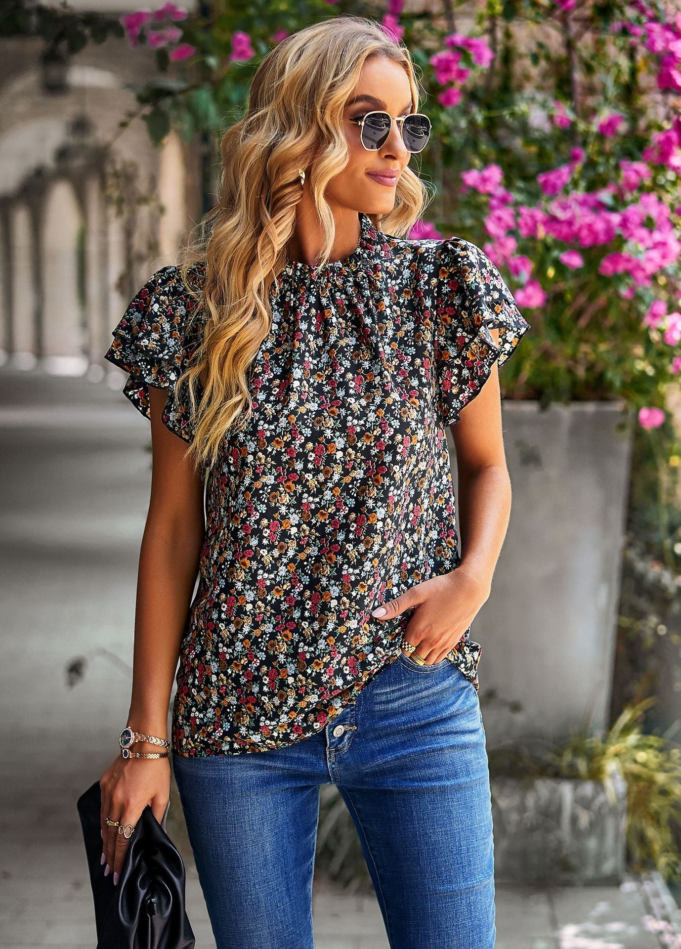 Women's Loose Casual Top Floral Round Neck Shirt Black