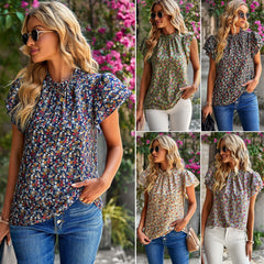 Women's Loose Casual Top Floral Round Neck Shirt Green