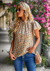 Women's Loose Casual Top Floral Round Neck Shirt Khaki
