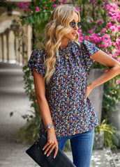 Women's Loose Casual Top Floral Round Neck Shirt Dark Blue