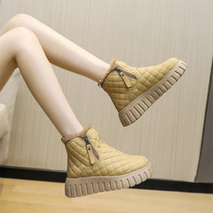 Women's Plaid Pattern Platform Ankle Boots Beige