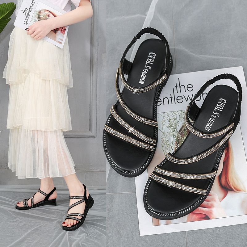Women's Sandals Summer Korean Flat For Outdoors Rhinestone Fairy Style Gold