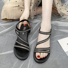 Women's Sandals Summer Korean Flat For Outdoors Rhinestone Fairy Style Silver