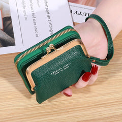 Women's Short Leather Wallet Multiple Card Slots Large Capacity Dark Green