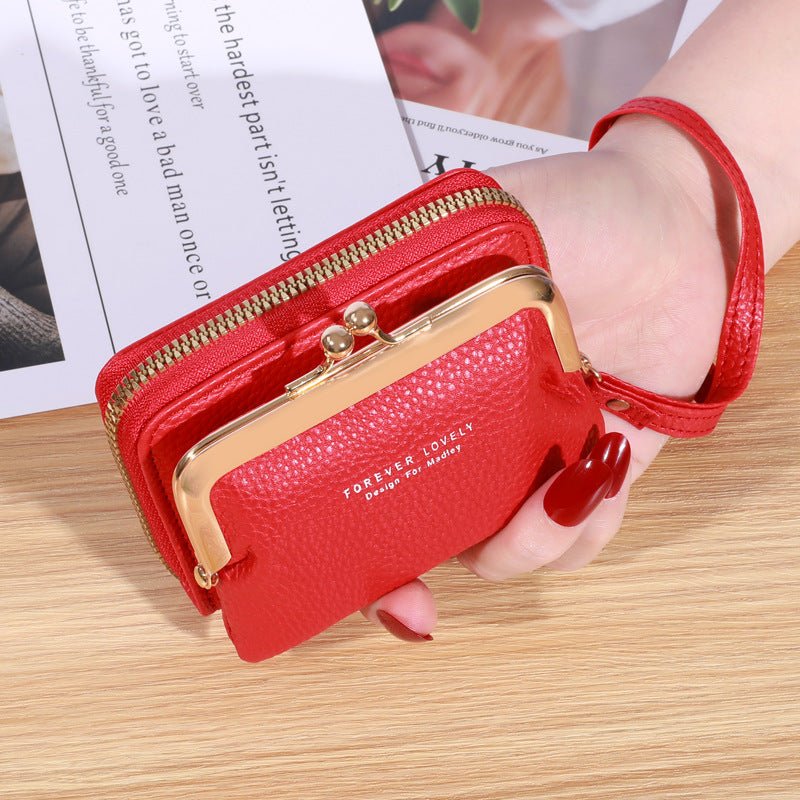 Women's Short Leather Wallet Multiple Card Slots Large Capacity Wine Red