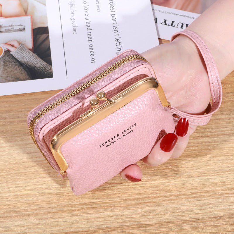 Women's Short Leather Wallet Multiple Card Slots Large Capacity Pink