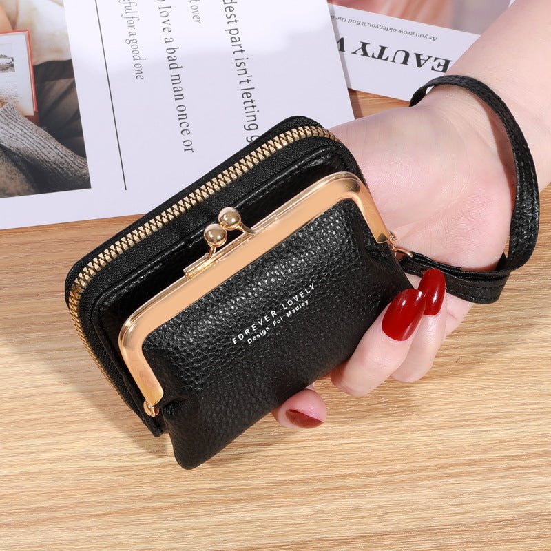 Women's Short Leather Wallet Multiple Card Slots Large Capacity Black
