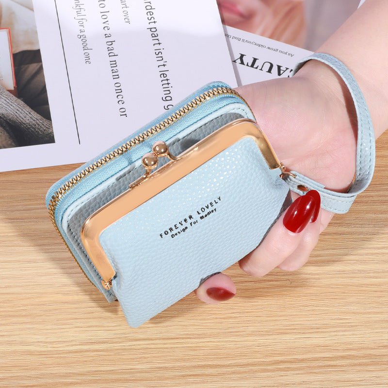Women's Short Leather Wallet Multiple Card Slots Large Capacity Blue