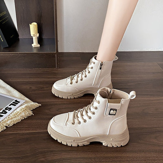 Women's Soft Leather High - Top Shoes Beige